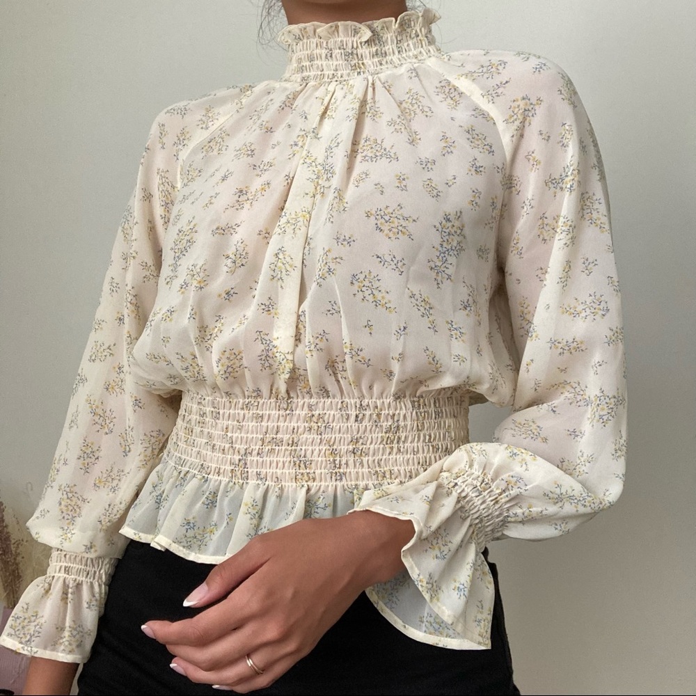 Yellow Chiffon Floral High Neck Blouse